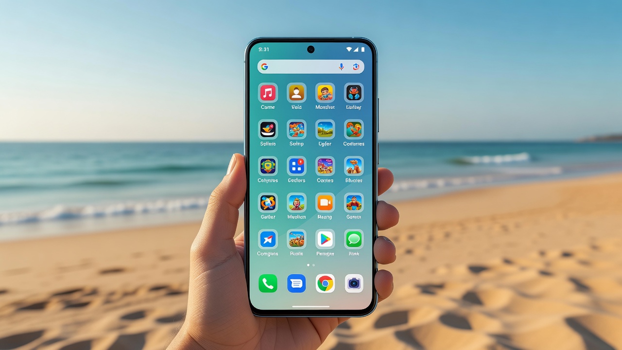 Smartphone game launcher at the beach
