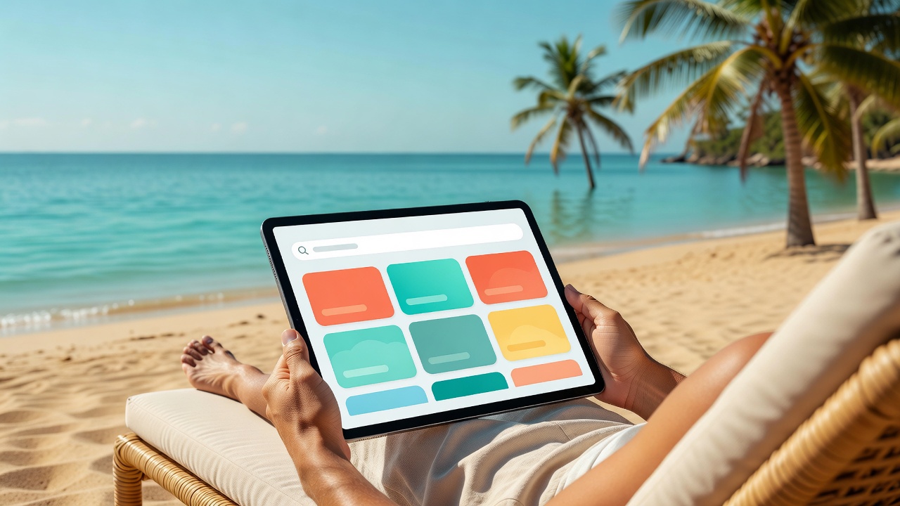App discovery on tablet near ocean